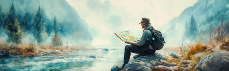 A lone traveler sits on a rock by a serene river, attentively examining a map. Lush mountains rise in the background, enveloped in mist. The atmosphere is tranquil, reflecting exploration.の素材