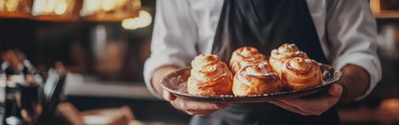A baker carefully presents a selection of freshly baked pastries on a tray in a warm, inviting cafe. The afternoon light illuminates the scene, enhancing the cozy atmosphere.の素材