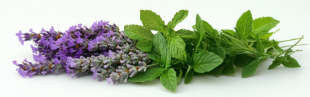 Vibrant lavender flowers merge seamlessly with fresh mint leaves, highlighting their rich colors and textures, ideal for culinary applications or natural decor in various settings.の素材