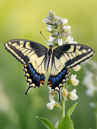 A beautiful butterfly with striking black and yellow patterns rests delicately on a white flower in a vibrant natural environment filled with greenery, capturing the essence of a warm day.の素材