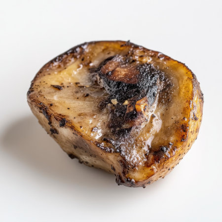 A single grilled mushroom cap sits on a white plate, displaying a tender and flavorful texture with a beautiful char. This dish emphasizes simple yet delicious cooking.の素材