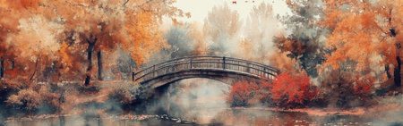 A wooden bridge arches gracefully over a tranquil pond, framed by vibrant autumn foliage. Mist gently rises from the water, enhancing the serene atmosphere of the scene.の素材