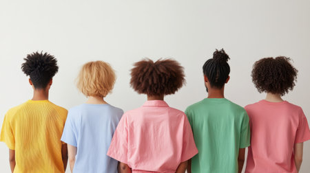 Eight individuals of different heights and builds stand side by side, each wearing vibrant, casual clothing. Their backs are turned, revealing a variety of hairstyles and a minimalist background.の素材