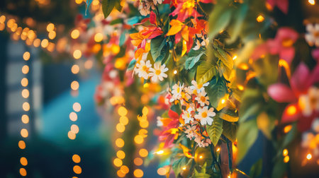 Colorful garlands adorned with flowers and twinkling lights enhance the ambiance of a joyous gathering. This lively decoration brings warmth and cheer to the event.の素材