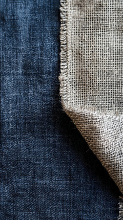 A rich navy blue fabric contrasts sharply with a textured silver burlap, creating an elegant and modern textile combination ideal for design projects.の素材