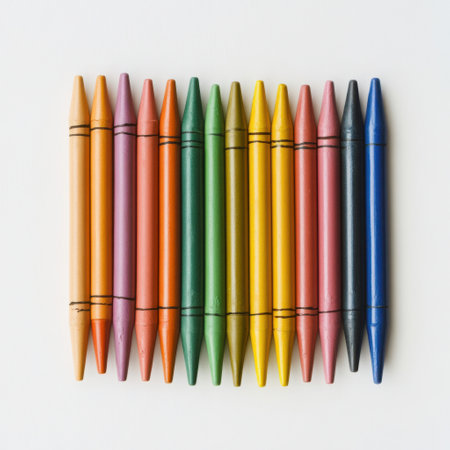 Brightly colored crayons are organized in a straight row against a clean white backdrop, providing a perfect tool for drawing, coloring, and other artistic endeavors for children and adults alike.の素材