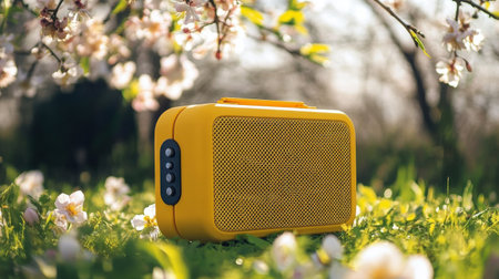 A vibrant yellow portable speaker rests on green grass surrounded by delicate blossoms under the warm sunlight, creating a lively outdoor atmosphere ideal for enjoying music.の素材