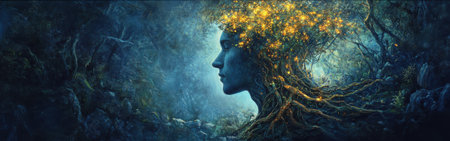 A man's profile merges with a mystical tree adorned with glowing lights, surrounded by a magical forest. The scene evokes a sense of wonder and connection to nature.の素材