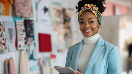A young woman stands confidently in a colorful office, smiling while using a tablet. The space is filled with creative materials, highlighting her professional atmosphere.の素材