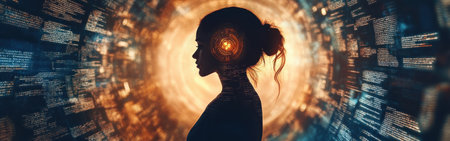 A silhouette of a woman radiates light as ancient scrolls blend with holographic text displays, creating an ethereal atmosphere.の素材