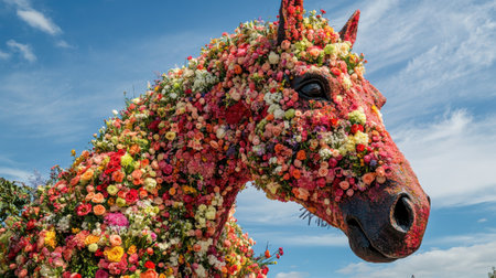 A stunning life-sized horse sculpture made entirely of colorful spring flowers is showcased at an outdoor art festival. The vibrant blooms create a striking visual under a clear blue sky.の素材