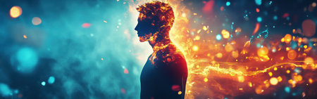 A man is depicted glowing with vibrant colors radiating from his body, symbolizing energy and strength. The background features a blend of blue and orange tones, creating a dynamic atmosphere.の素材