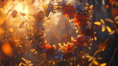 A colorful floral wreath adorned with delicate garlands captures the essence of a serene afternoon. Sunlight filters through vibrant blooms, enhancing their beauty in nature.の素材
