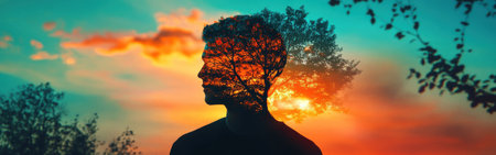 A man stands in profile as a radiant sunset illuminates his silhouette, merging with lush trees, creating a dreamlike effect of nature and warmth during twilight.の素材