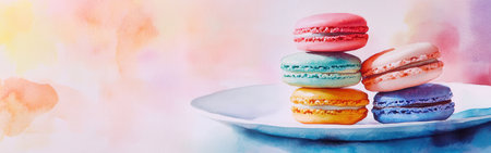 Four vibrant macarons are stacked on a white plate, surrounded by a dreamy watercolor background in pastel colors. The scene evokes a sense of indulgence and artistic delight.の素材