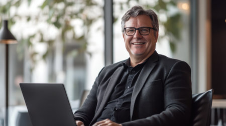 Middle-aged man with salt-and-pepper hair is working on his laptop in a cozy workspace. He wears a dark blazer and glasses, smiling subtly as natural light fills the room.の素材