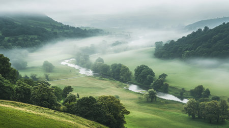 Early morning in a serene valley where mist gently blankets the terrain, revealing a winding river and vibrant greenery beneath the ethereal fog.の素材