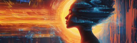 A glowing woman is depicted in profile, her hair merging with bright, swirling light, creating a fusion of human and digital elements. The background radiates energy and warmth.の素材