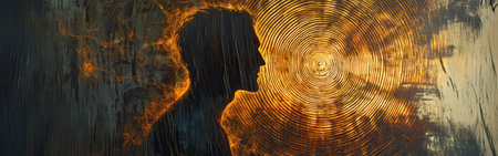 A man's profile is vividly illustrated with luminous tree rings, reflecting profound wisdom and strength amidst a mystical woodland setting under warm light.の素材