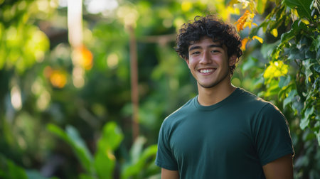 A young man with curly black hair smiles broadly while standing in a vibrant garden. The greenery surrounding him glows warmly in the sunlight, enhancing the cheerful atmosphere.の素材