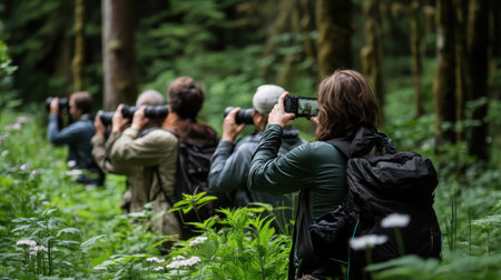 A group of nature lovers takes photos of wildlife and blooming plants on a vibrant spring day while exploring a lush, dense forest. The excitement of discovery is palpable.の素材