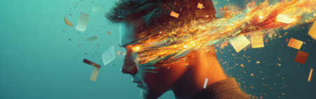 A writer's face radiates light and inspiration, with vibrant streams of color and fragments of paper swirling around, symbolizing the flow of ideas and imagination in a surreal atmosphere.の素材