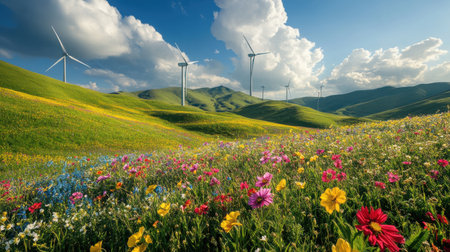 This spring meadow showcases a sea of colorful blooming flowers amid rolling green hills, where small wind turbines harness clean energy under a bright blue sky.の素材
