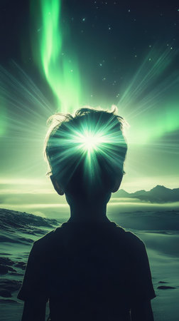A child's silhouette stands in awe, gazing up at a dazzling display of the northern lights. The vivid colors illuminate the night sky, creating a magical atmosphere.の素材