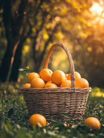A woven basket filled with bright, fresh oranges sits on the grassy ground under a canopy of trees. Sunlight filters through the leaves, enhancing the vibrant colors.の素材