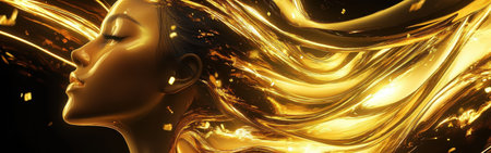 This captivating artwork features a woman with glowing, flowing hair, creating a surreal effect. The ethereal light contrasts beautifully against the dark background, enhancing her serene expression.の素材