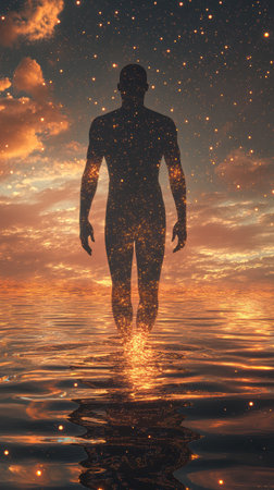 A glowing silhouette of a man stands in tranquil waters, surrounded by radiant ripples and mirrored horizons, symbolizing the fluidity of perception and self-awareness.の素材