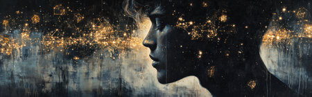 A captivating portrayal of a man's profile, illuminated by ethereal star maps and shimmering cosmic symbols, evoking a sense of mystery and mythology in a dark atmosphere.の素材