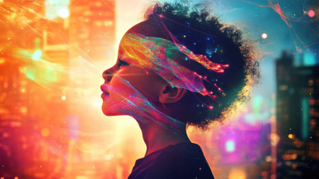 A child stands silhouetted with a radiant glow against a vibrant city skyline at night. Swirls of color and light create an ethereal effect, emphasizing wonder and imagination.の素材
