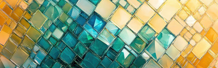 Contrasting hues of pastel amber and teal intertwine in a captivating display of fragmented grids, showing a harmonious blend of colors and geometric shapes.の素材