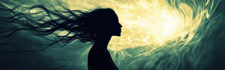 A woman with flowing hair stands in profile against a swirling, glowing background. The surreal atmosphere blends hues of green and yellow, creating a mystical sensation at dusk.の素材