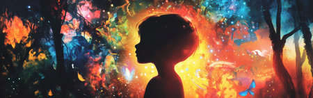 A child's silhouette stands against a vibrant cosmic background filled with colors and swirling patterns. Surrounding trees create a whimsical atmosphere at dusk, evoking wonder.の素材