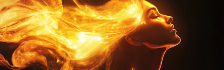 A woman with glowing hair experiences a moment of transcendence in a mystical setting, illuminated by an otherworldly light, evoking feelings of serenity and wonder.の素材