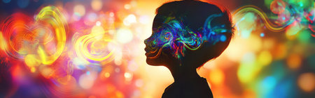 A child stands in profile, surrounded by a swirl of vibrant colors that illuminate the background. This magical moment captures the essence of creativity and joy during playtime.の素材