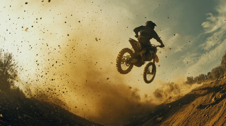 A motocross rider executes an impressive jump over a dirt track, creating a cloud of dust in the golden light of sunset. The dynamic shot captures the energy of the moment.の素材