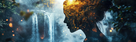 A luminous woman appears within a serene forest, her profile blending with a waterfall and vibrant foliage. The ethereal light highlights the connection between humanity and nature.の素材