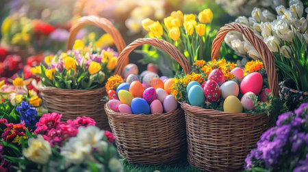 Brightly colored Easter baskets overflow with decorated eggs, surrounded by an array of spring flowers. The scene is lively, capturing the essence of a festive garden celebration.の素材