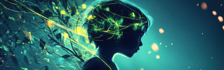 The child stands quietly, radiating a soft glow surrounded by ethereal green lights and hints of nature, capturing a moment filled with wonder and magic during twilight.の素材