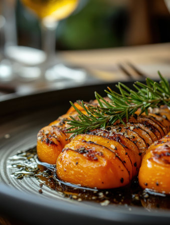 Delicious roasted pumpkin slices are arranged neatly on a dark plate, infused with herbs and spices, adding warmth to the inviting dining atmosphere.の素材