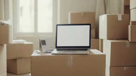 A laptop is placed on a cardboard box in a bright room filled with moving boxes. Natural light streams in through the window, creating a fresh, modern atmosphere.の素材