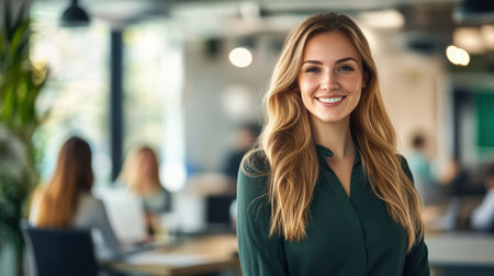 A confident woman with long hair stands in a contemporary office, smiling brightly. Colleagues work in the background under natural light, creating a vibrant atmosphere.の素材