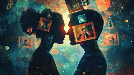 Silhouettes of a couple face each other surrounded by colorful memories represented by floating frames. This artwork captures the essence of love and shared experiences at twilight.の素材