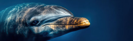 This macro capture highlights the intricate details of a dolphin's face as it glides through deep blue waters, embodying grace and intelligence in its natural habitat.の素材