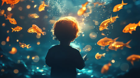 A child stands in awe, surrounded by vibrant glowing fish swimming in dark waters. The magical atmosphere captivates as light dances through the water, creating wonder.の素材