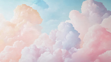 This nursery is adorned with soft pastel-colored wallpaper. Whimsical clouds in shades of pink and blue create a serene atmosphere, perfect for a child's room.の素材