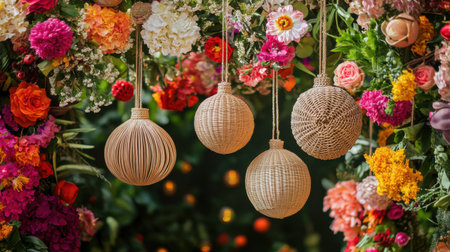 Ornaments of various shapes dangle gracefully among blooming flowers, adding charm and elegance to the decor for a festive gathering during daytime.の素材